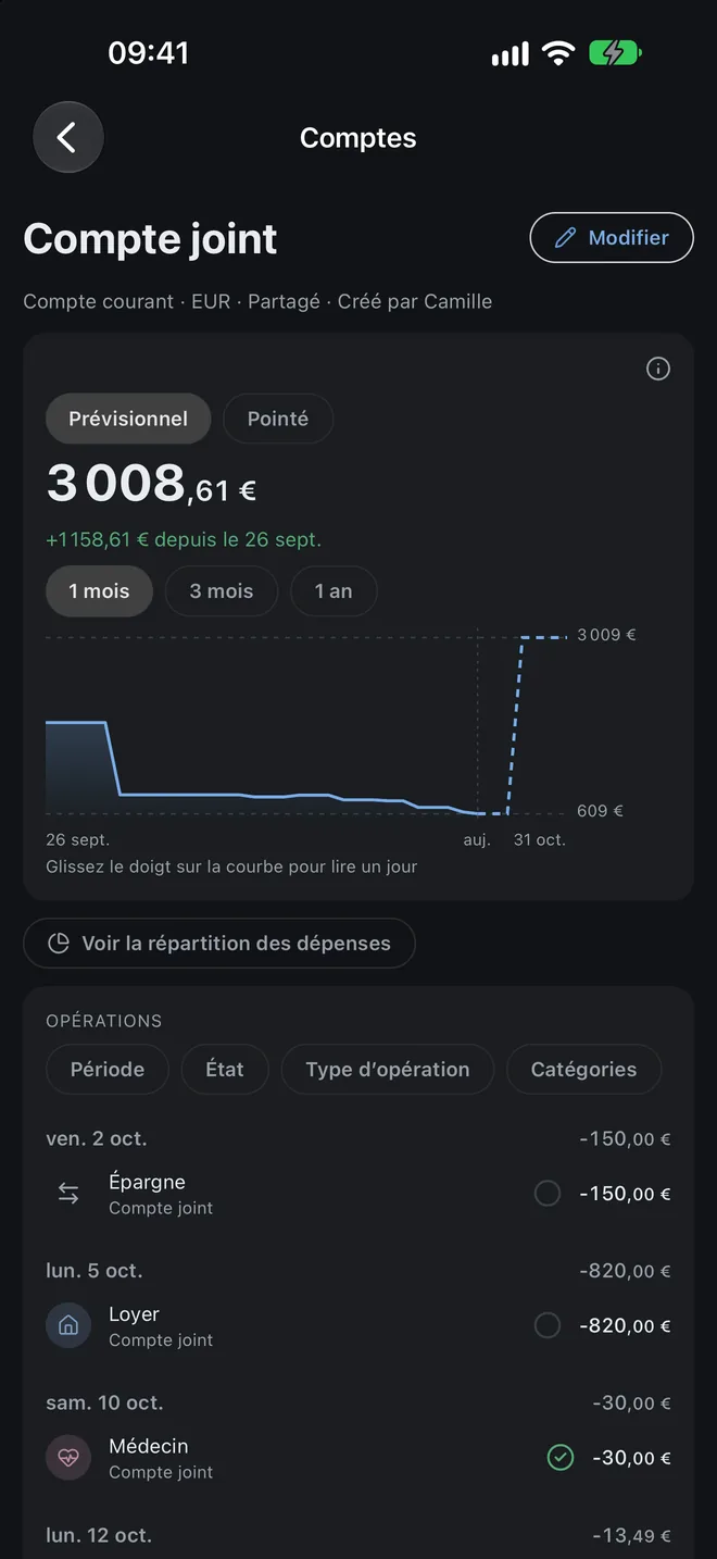 Détail d'un compte avec la courbe de son solde