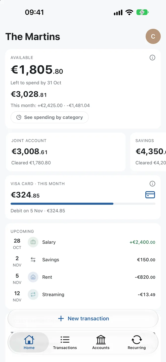 Housecount home screen: available, left to spend, accounts and upcoming items