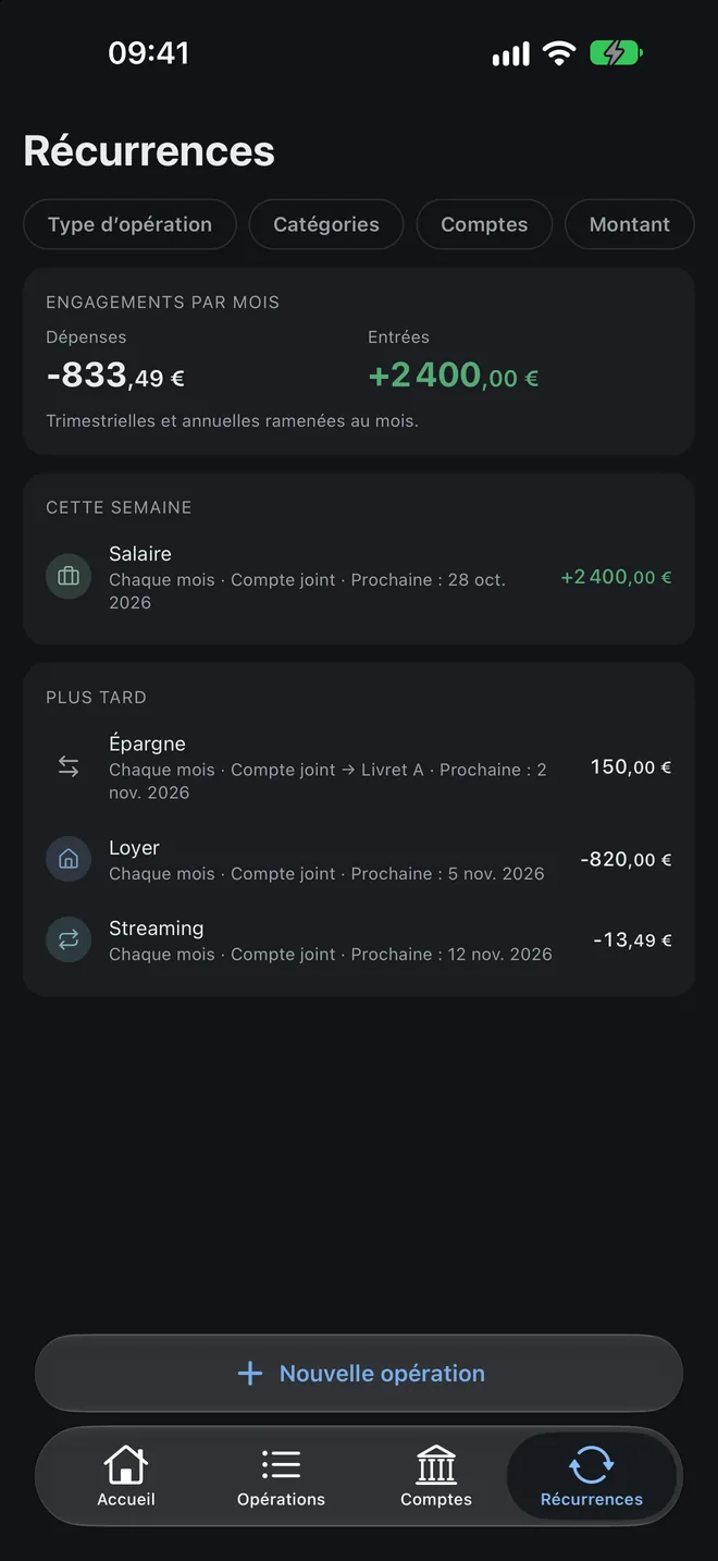 Liste des dépenses et revenus récurrents
